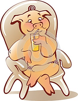 Pig sitting in a beach chair with a glass of drink