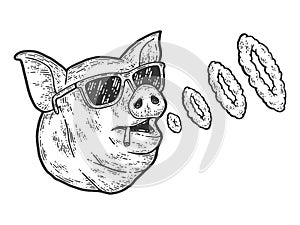 The pig smokes and blows smoke rings. Sketch scratch board imitation.