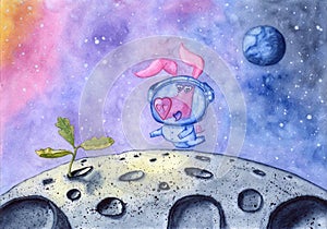 Pig in space suit find new life on the Moon, hand drawn with watercolor