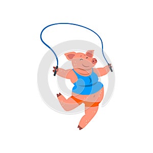 Pig in sport uniform jumping with skipping rope, funny sportive wild animal character doing sports vector Illustration