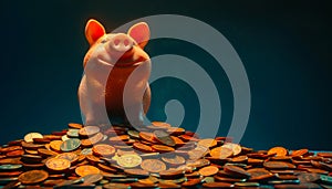 A pig standing on top of a pile of coins