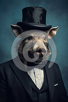 a pig in a suit and tie with top hat on