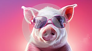 pig with sunglasses on pink background
