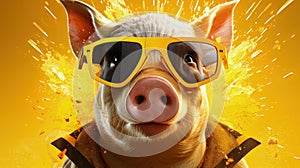 pig with sunglasses on pink background