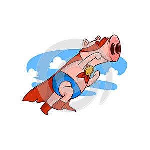Pig superhero in flying action with paw up. Funny humanized animal in red cape and mask. Cartoon vector icon