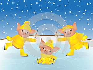 Pig in sweater on skates. 2019 Chinese New Year of the Pig. Christmas greeting card