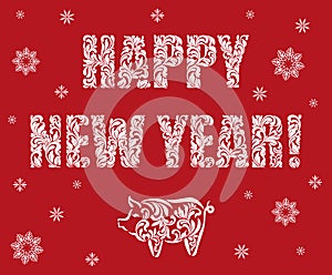 Pig, symbol of 2019 on the Chinese calendar. Happy new year. Text and pig made of floral ornament on a red background.