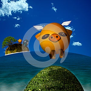 Pig taking off in flight from island
