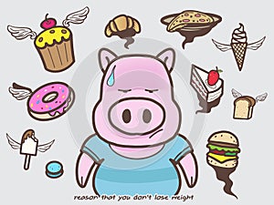 Pig think loss weight and dessert,vector dessert,doodle style