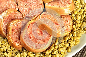 Pig trotter with lentils, closeup