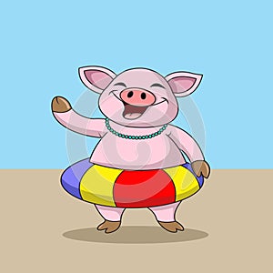 A pig is wearing a beach balloon