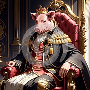 Pig wearing crown in throne room. Generative AI