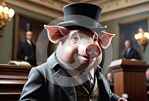 Pig wearing derby hat and greatcoat. Generative AI photo