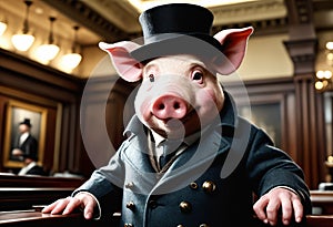 Pig wearing derby hat and greatcoat. Generative AI photo