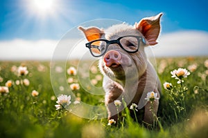 Pig wearing glasses in field of flowers. Generative AI