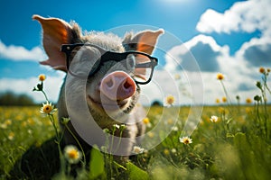 Pig wearing glasses in field of flowers. Generative AI