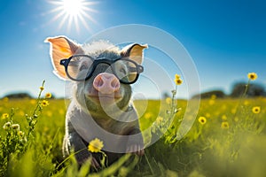 Pig wearing glasses in field of flowers. Generative AI