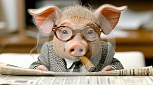 A pig wearing glasses and a suit smoking a cigar, AI