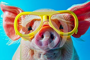 A pig wearing green goggles and a pink bathing suit. The pig is looking at the camera. The image has a playful and lighthearted