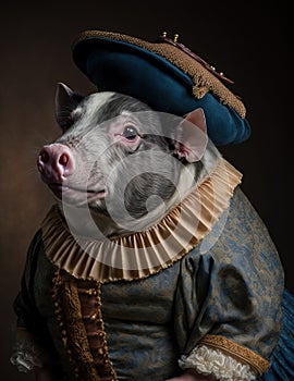 Pig wearing a historical costume