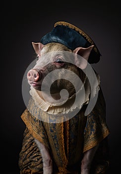 Pig wearing a historical costume