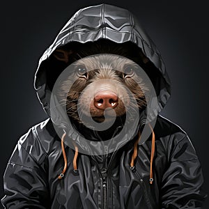 Hyperrealistic Illustration Of A Cheeky Pig In A Hooded Jacket photo