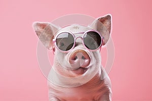Pig wearing sunglasses isolated on solid pink background. Generative AI