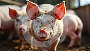Pig wears activity tracking sensor. Smart farm tech monitors animal health. Modern agriculture uses digital tools. Automated photo