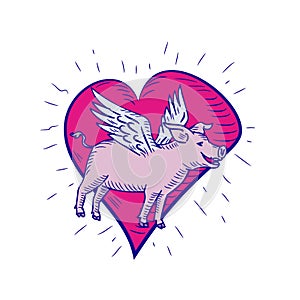 Pig With Wings Flying Heart Doodle