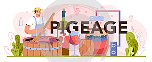 Pigeage typographic header. Wine production. Alcohol drink traditional making