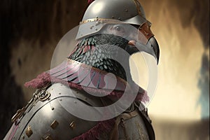 Pigeon animal portrait dressed as a warrior fighter or combatant soldier concept. Ai generated
