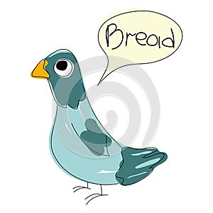 Pigeon bird in cartoon style. The pigeon demands bread. photo