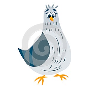 Pigeon bird. Green and gray dove staying. Blue eyes. Yellow beak and legs. Flat cartoon character design. Cute and funny. Isolated