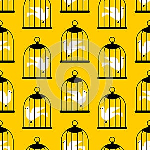 Pigeon in cage pattern seamless. Bird in cage background. Concept of unfreedom texture