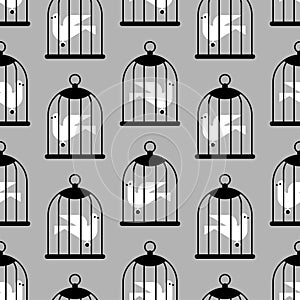 Pigeon in cage pattern seamless. Bird in cage background. Concept of unfreedom texture