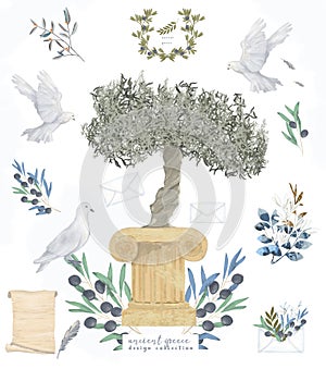 Pigeon and olive tree Antique Post set clip art digital drawing watercolor bird fly peace dove for wedding celebration