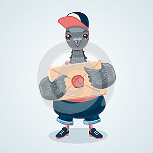 Pigeon courier boy. Humanized dove postman Cartoon style illustration. Delivery bird. Vector graphic.
