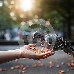 Pigeon feeding in the park womans hand, daylight, nature scene
