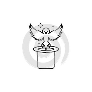 Pigeon, fly, hat, magic icon. Element of magic for mobile concept and web apps icon. Thin line icon for website design and
