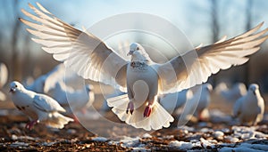 Pigeon flying freely, symbol of peace, grace in nature generated by AI