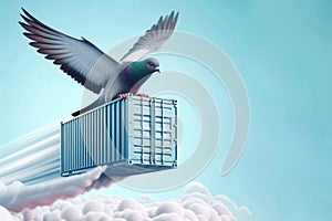 Pigeon flying with metal cargo container. Space for text.