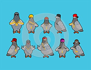 Pigeon gangster gang set. Cool City bird. SWAG gangsta. Pigeon guy rapper