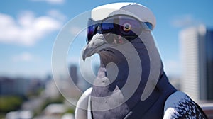 Pigeon With Helmet And Sunglasses: A Unique Urban Artistic Rendering photo