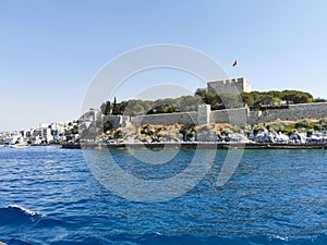 Pigeon Island with a Pirate castle. Kusadasi harbor, Aegean coast of Turkey.