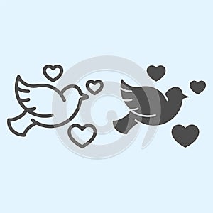 Pigeon line and solid icon. Romantic dove bird with hearts. Wedding asset vector design concept, outline style pictogram