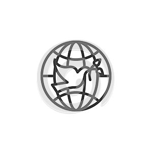 Pigeon with olive branch and world globe line icon