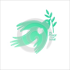 Pigeon of Peace logotype, peace symbol with flying bird and branch with leaves