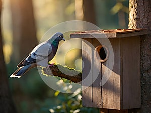 Pigeon perched on bird house, looking out curiously.