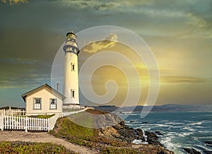 Pigeon Point lighthouse against the backdrop of a beautiful sky and ocean with waves, a great landscape of the Pacific coast in