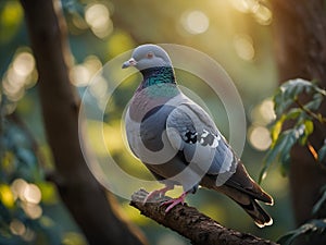 Pigeon resting on a tree branch, observing surroundings.